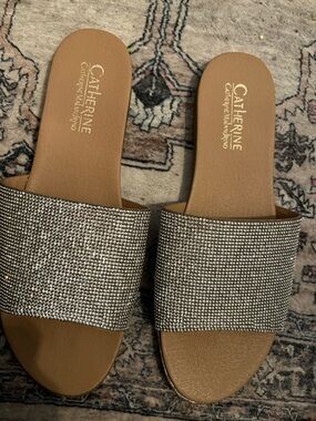 Catherine Malandrino 9.5 Crystal-Embellished Sparkly Slide Sandals